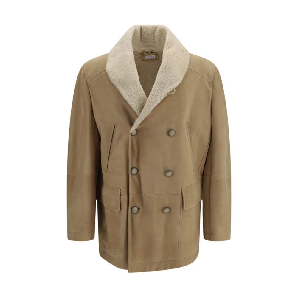 Brunello Cucinelli Men Curly Suede Shearling Pea Coat With Shawl Collar
